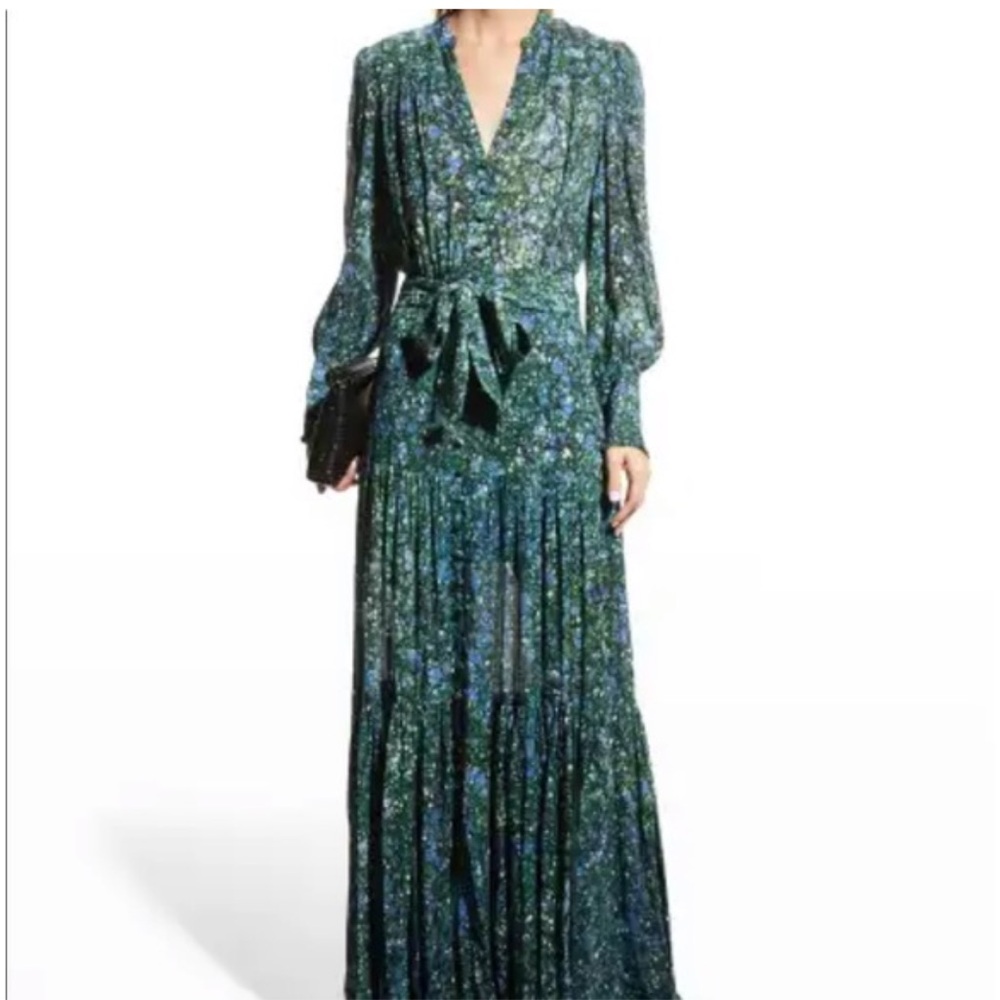 Veronica Beard Mirren Splatter Print Maxi Dress Long Sleeve Belt Buttons Sz 14